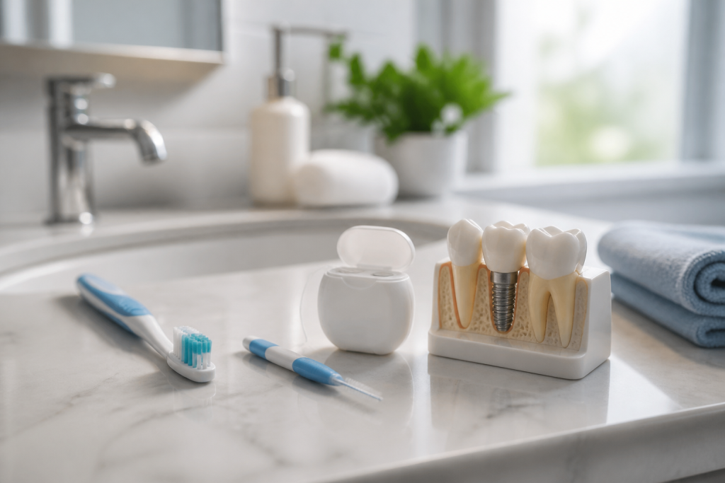 Elementos de higiene para el cuidado diario de un implante dental