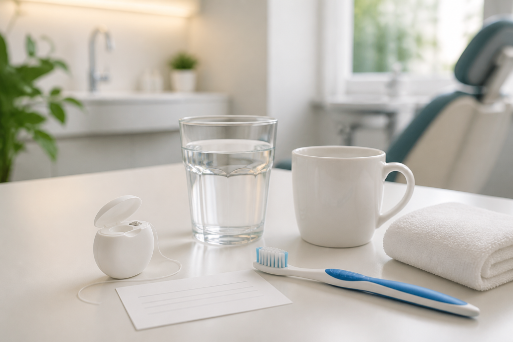 Elementos de higiene y agua para los cuidados después del blanqueamiento dental
